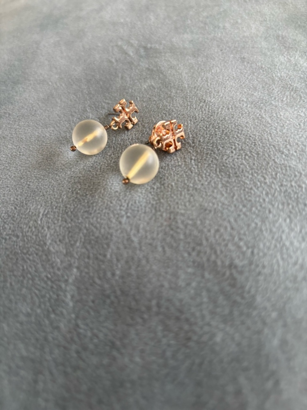 Tory Burch Gold Logo Stud Earrings with Frosted Bead Drops